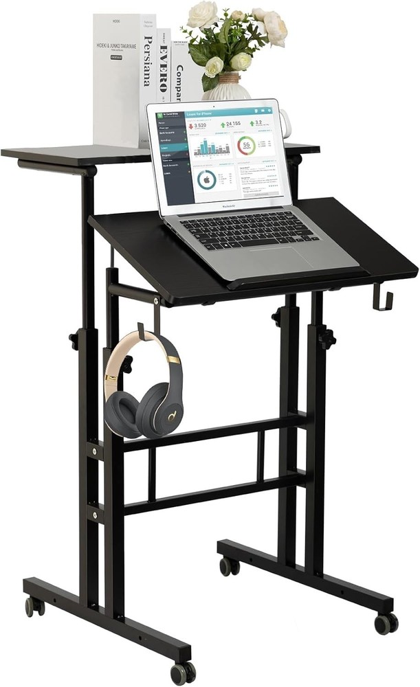 Mobile Adjustable Height Standing Desk with Wheels – Ergonomic Black Workstation