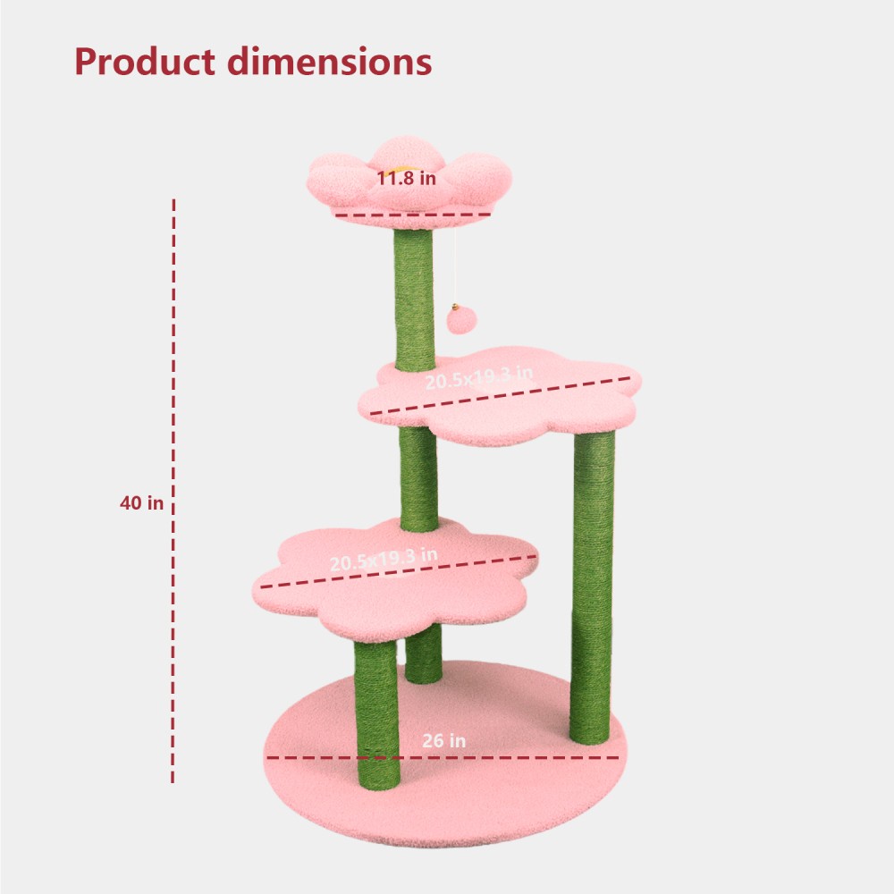 Multi-Level Cat Tree with Scratching Posts & Soft Perches, Pink, 40'' Tall