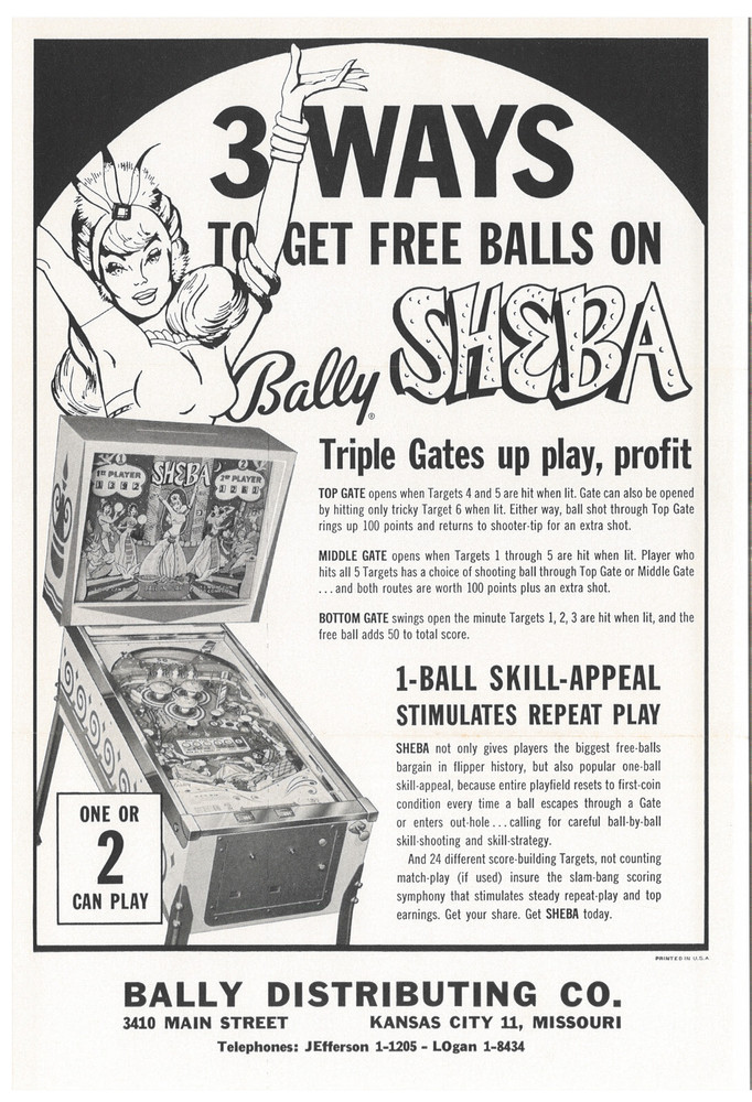 Sheba Bally Pinball Flyer / Brochure / Ad -