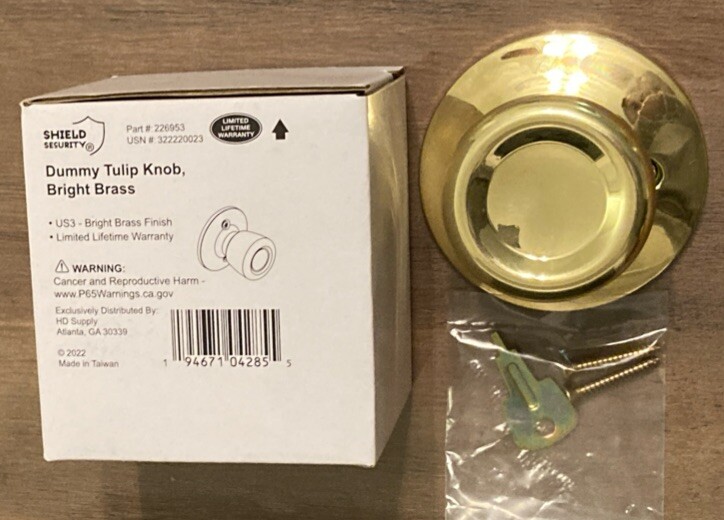 2 X Dummy Tulip Knobs, Non Turning, Bright Brass US3, Sheild Security 226953