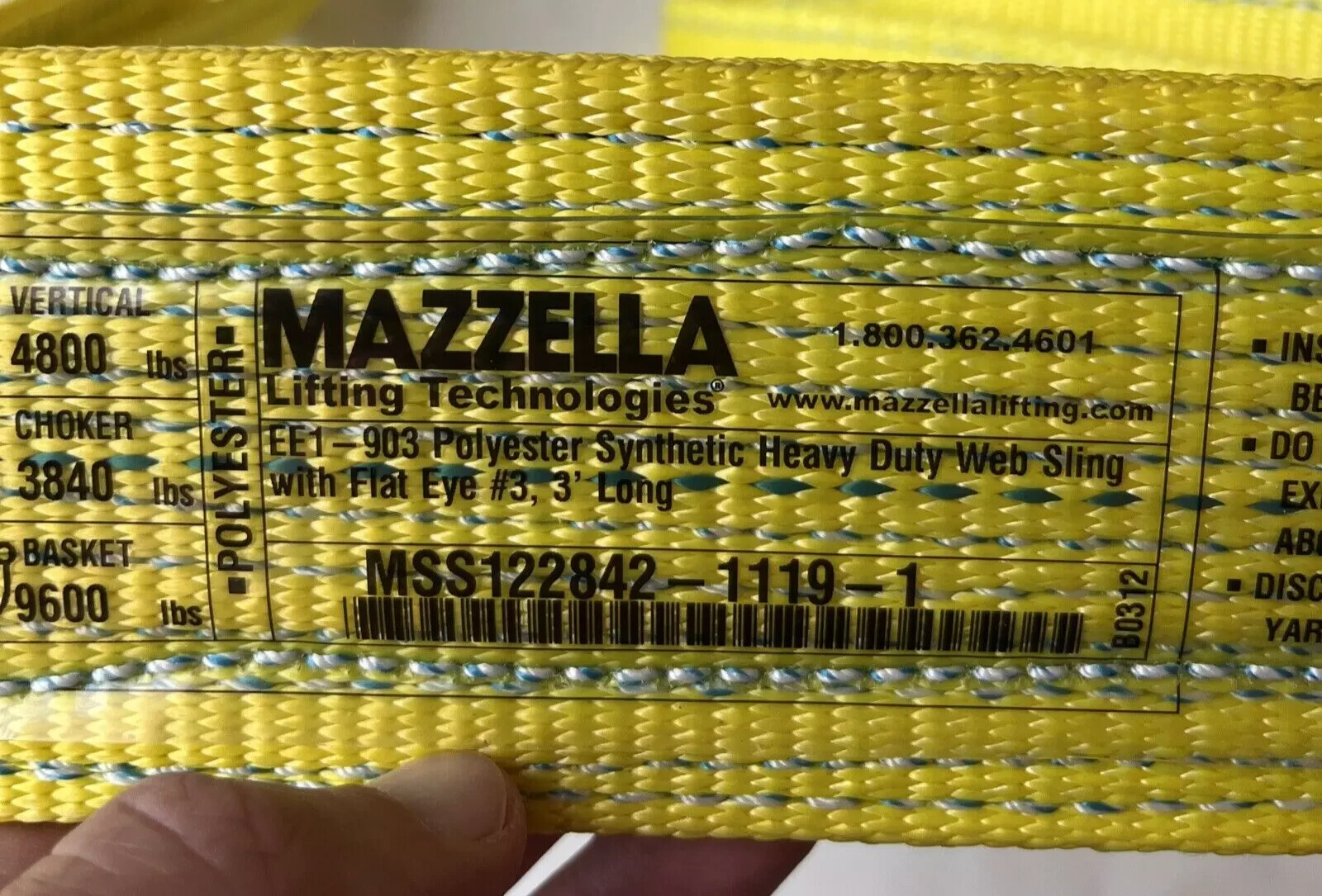 Mazzella EE1-903 x 3’ Polyester Synthetic Web Sling 3" Wide 3’ Long Flat Eye New