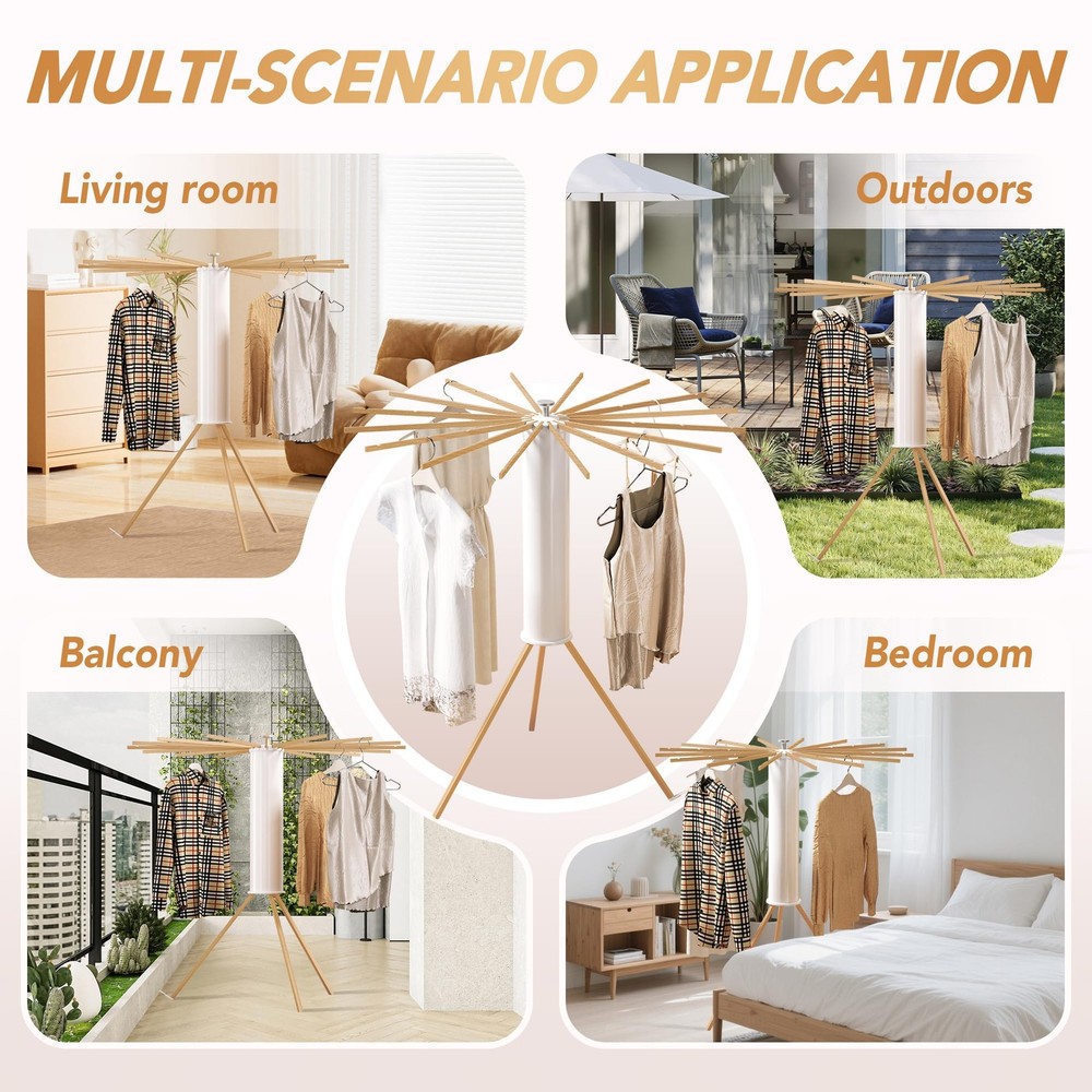 Foldable Tripod Clothes Drying Rack,Beechwood & Portable Laundry Stand, Space...