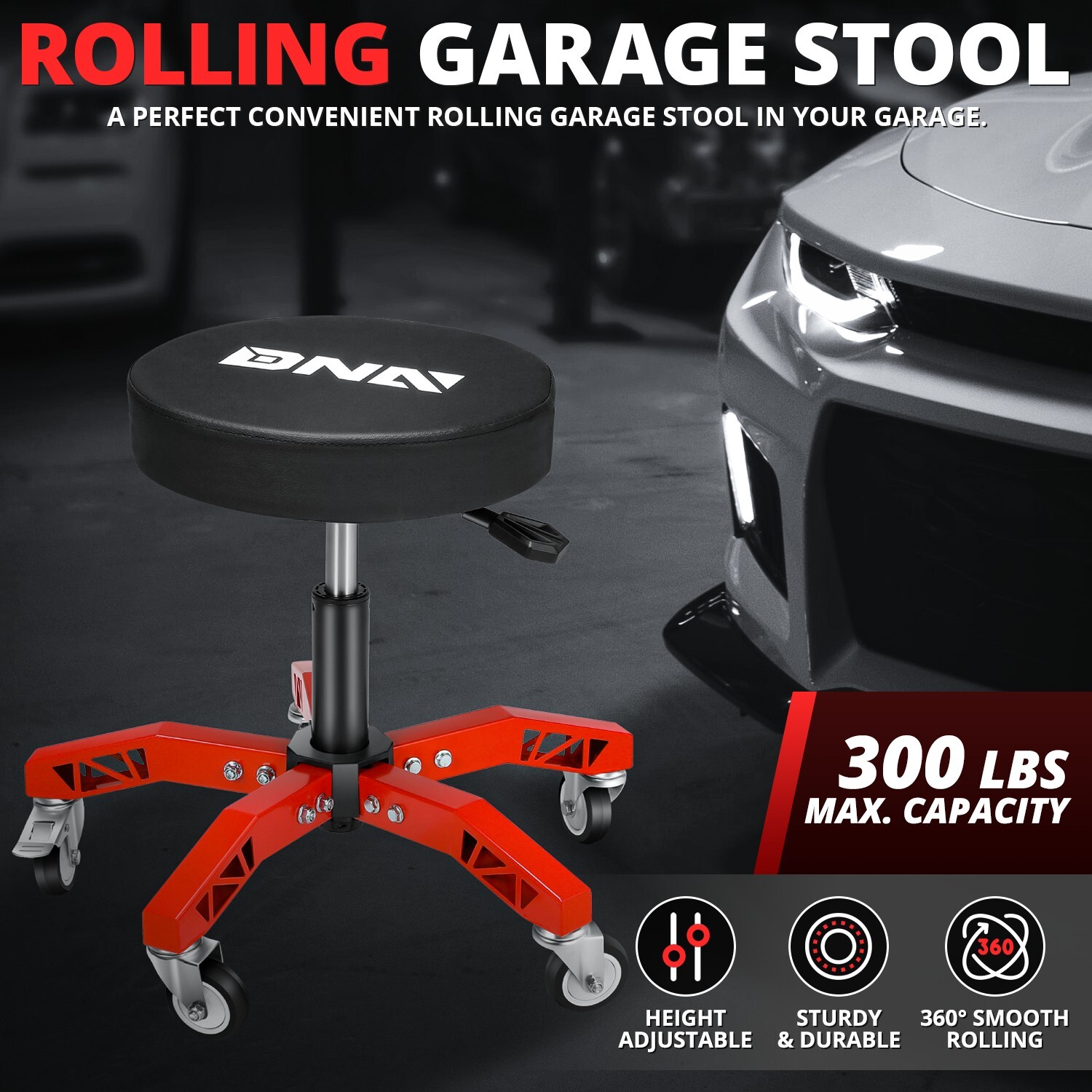 Heavy Duty Adjustable Height Mechanics Rolling Seat Garage Stool Work Shop Red