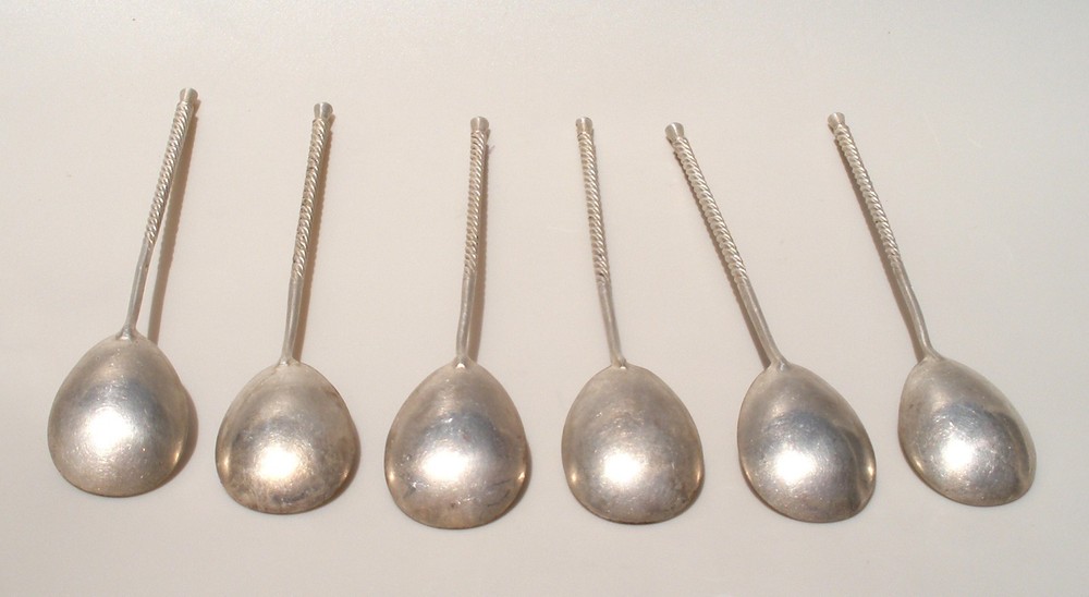 Antique Set 6 Spoons Curly Handles Solid Silver