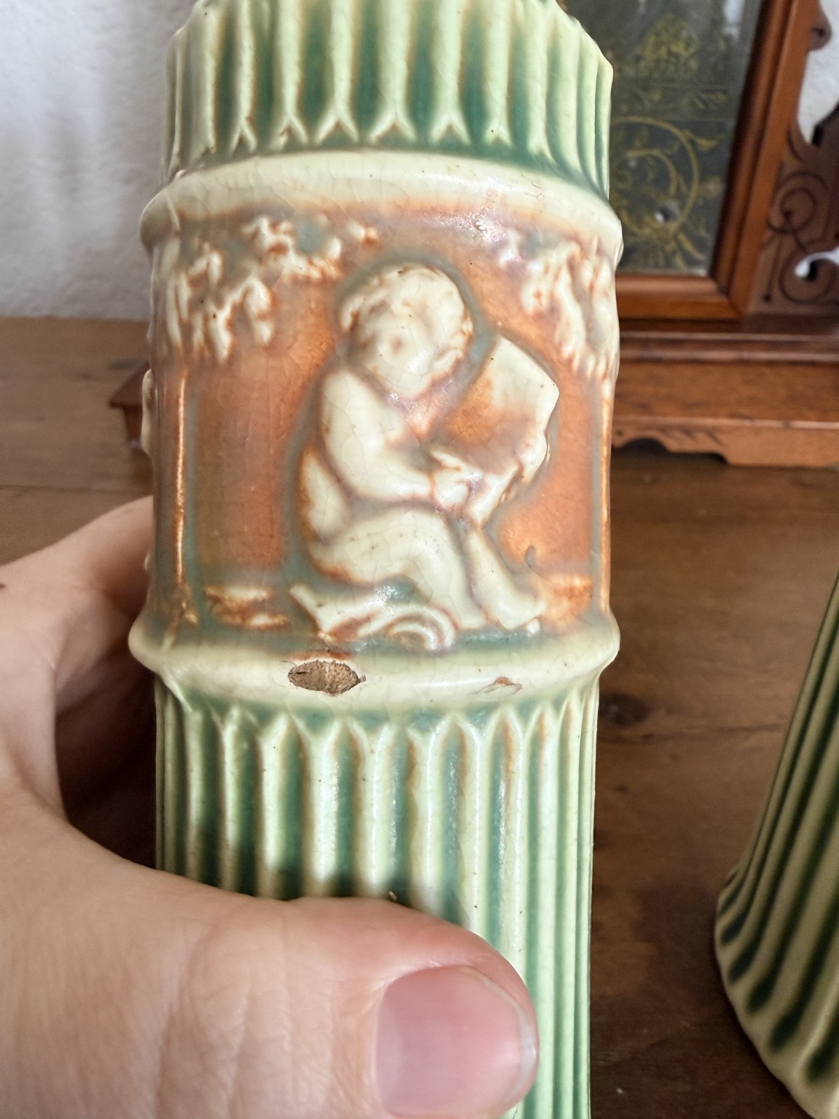 Pair Antique Roseville Donatello Cherub Bud Vases Green Art Pottery 1916