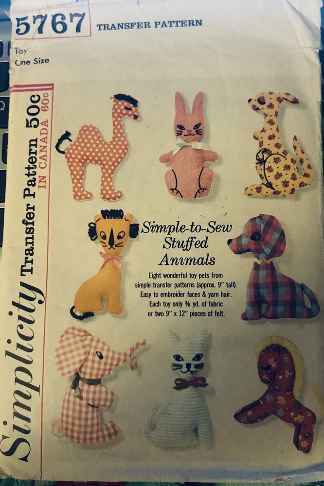 VTG `64 Simplicity 5767 Transfer Sewing Pattern 8 Different Stuffed Animals FF