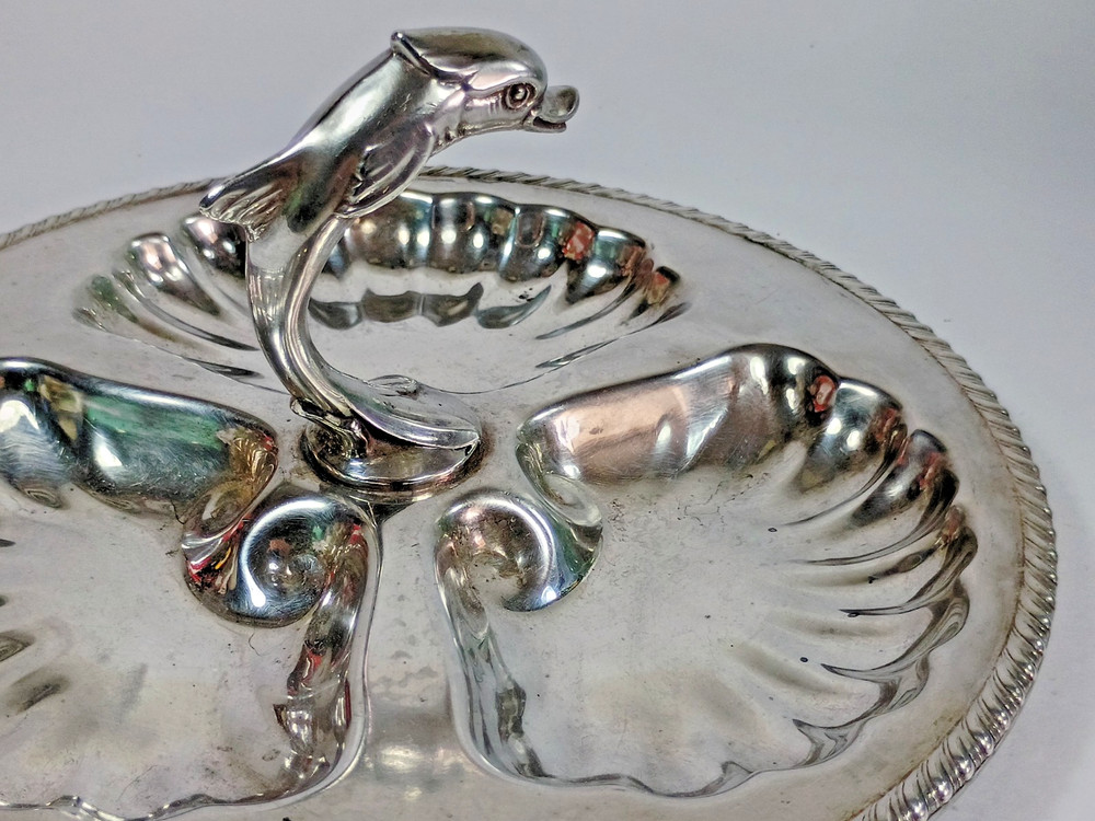 Vintage Canterbury Silverplate Tray Dolphin Motif Handle Three Sections 8 3/4"