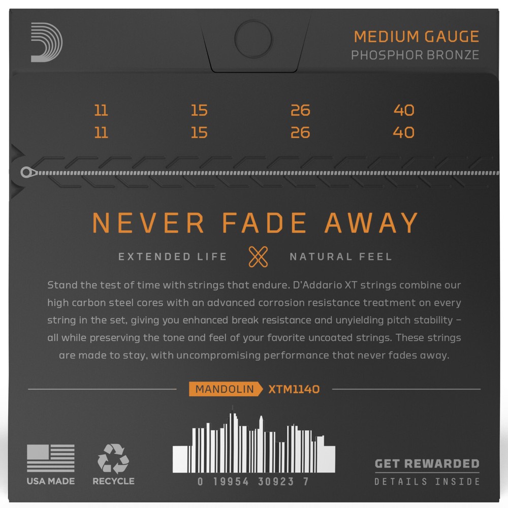 D'Addario XT Coated Phosphor Bronze Mandolin Strings, Medium 11-40