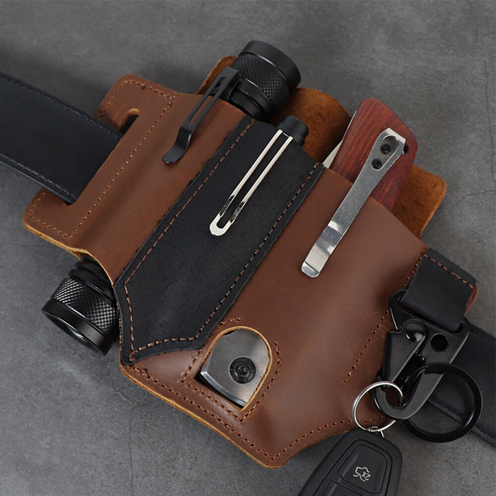 Men Multitool Leather Sheath EDC Pocket Organizer Storage Belt Waist Bag Gift TD