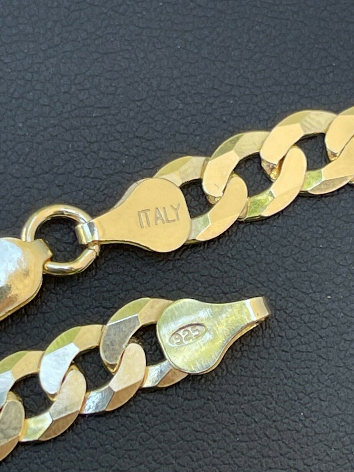 REAL Solid 925 Silver 14k Gold Plated Flat Cuban Link Chain Necklace 3mm - 11mm