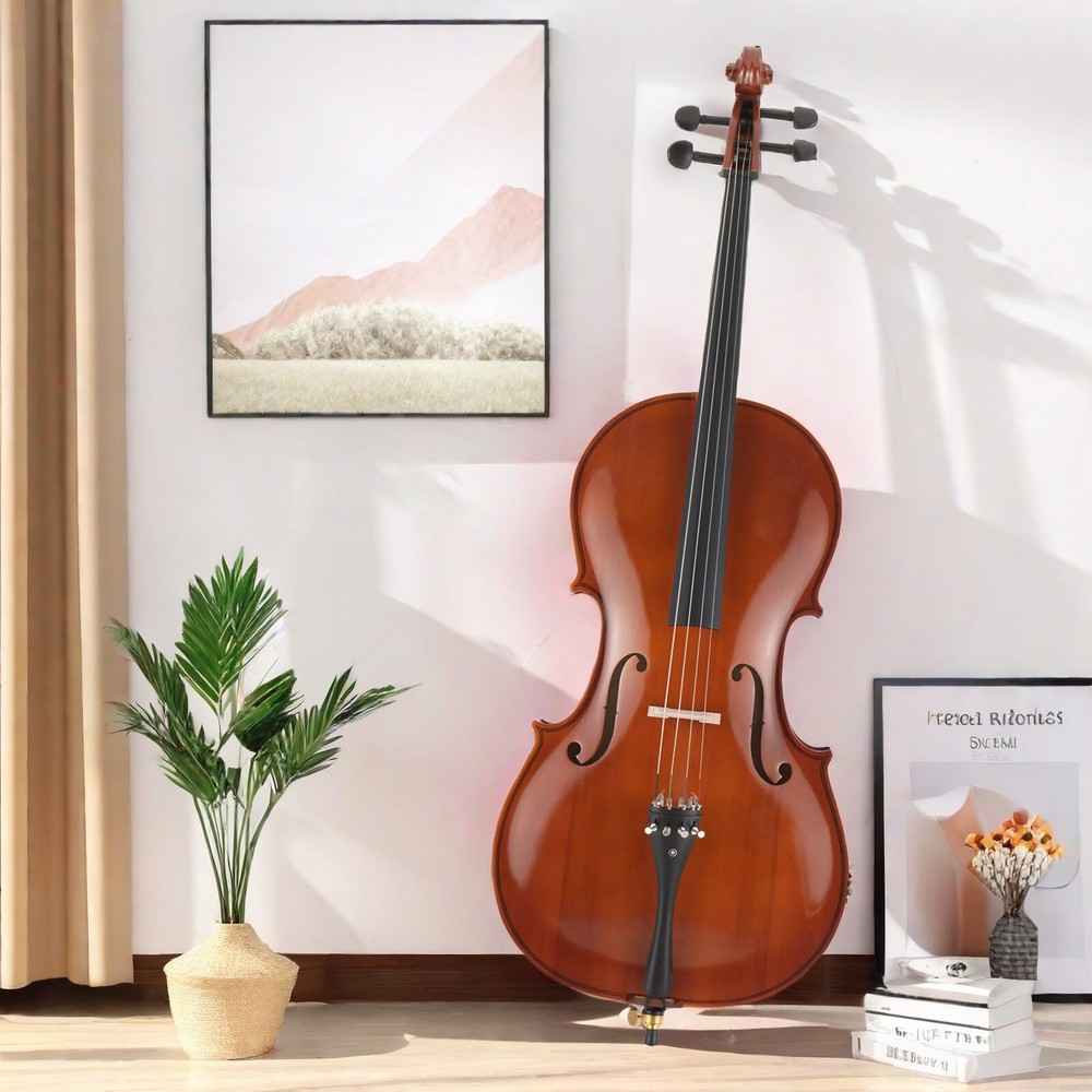 Natural Full Size 4/4 Acoustic Cello Set w/ Spruce Panel & Tiger Pattern Process