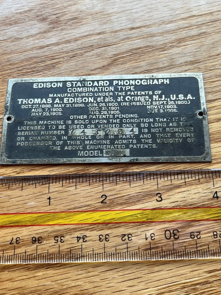 Edison Standard Model D Phonograph ID Plate