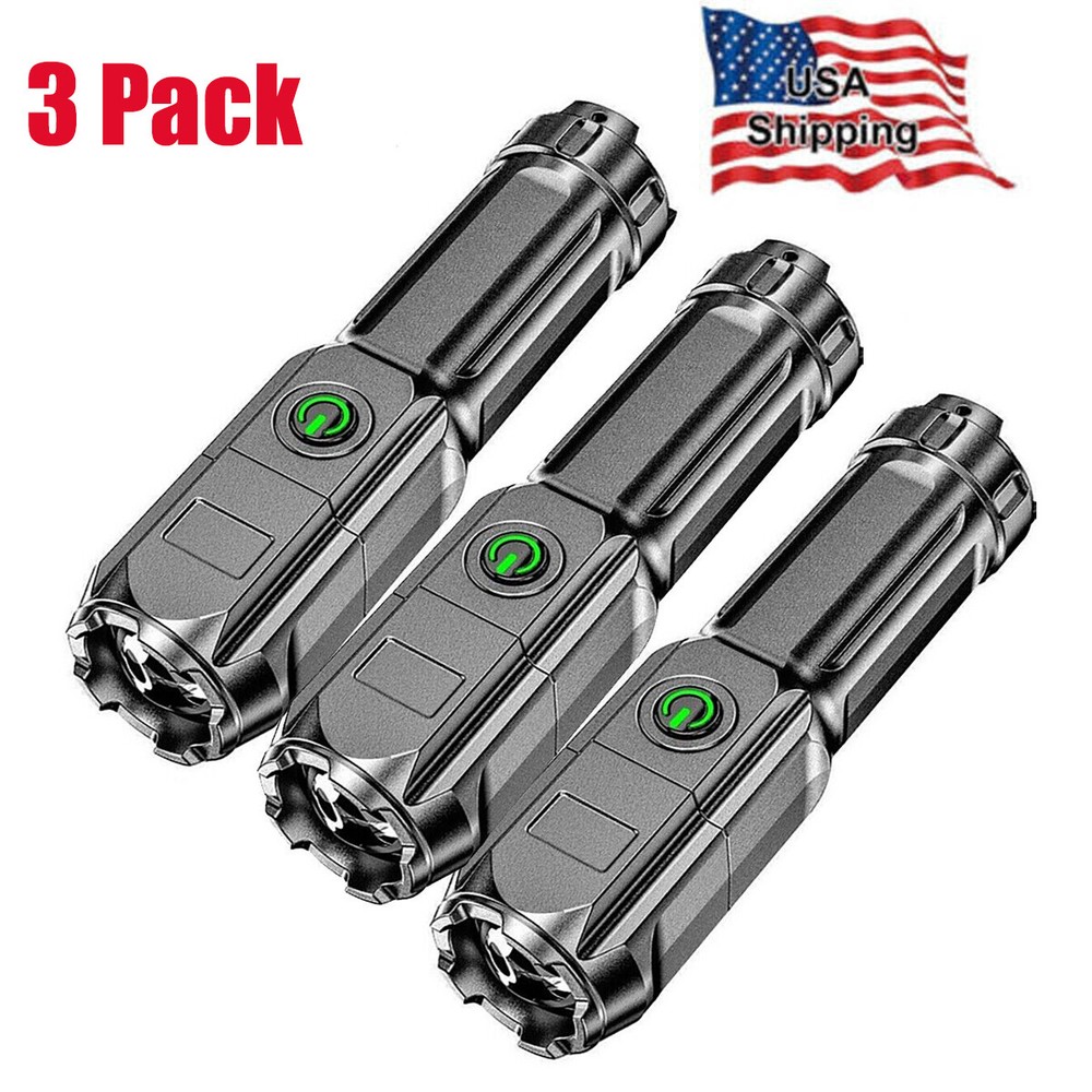 3 Pack Rechargeable LED Flashlight Tactical Super Bright Torch Zoomable