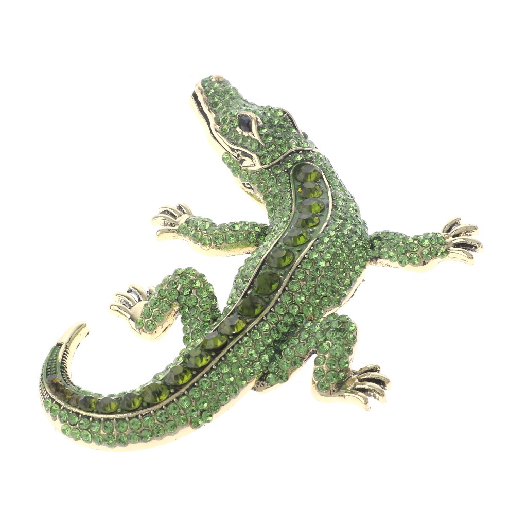 Antique Gold Tone Alloy Metal Large Alligator Rhinestone Brooch P1626-GRN