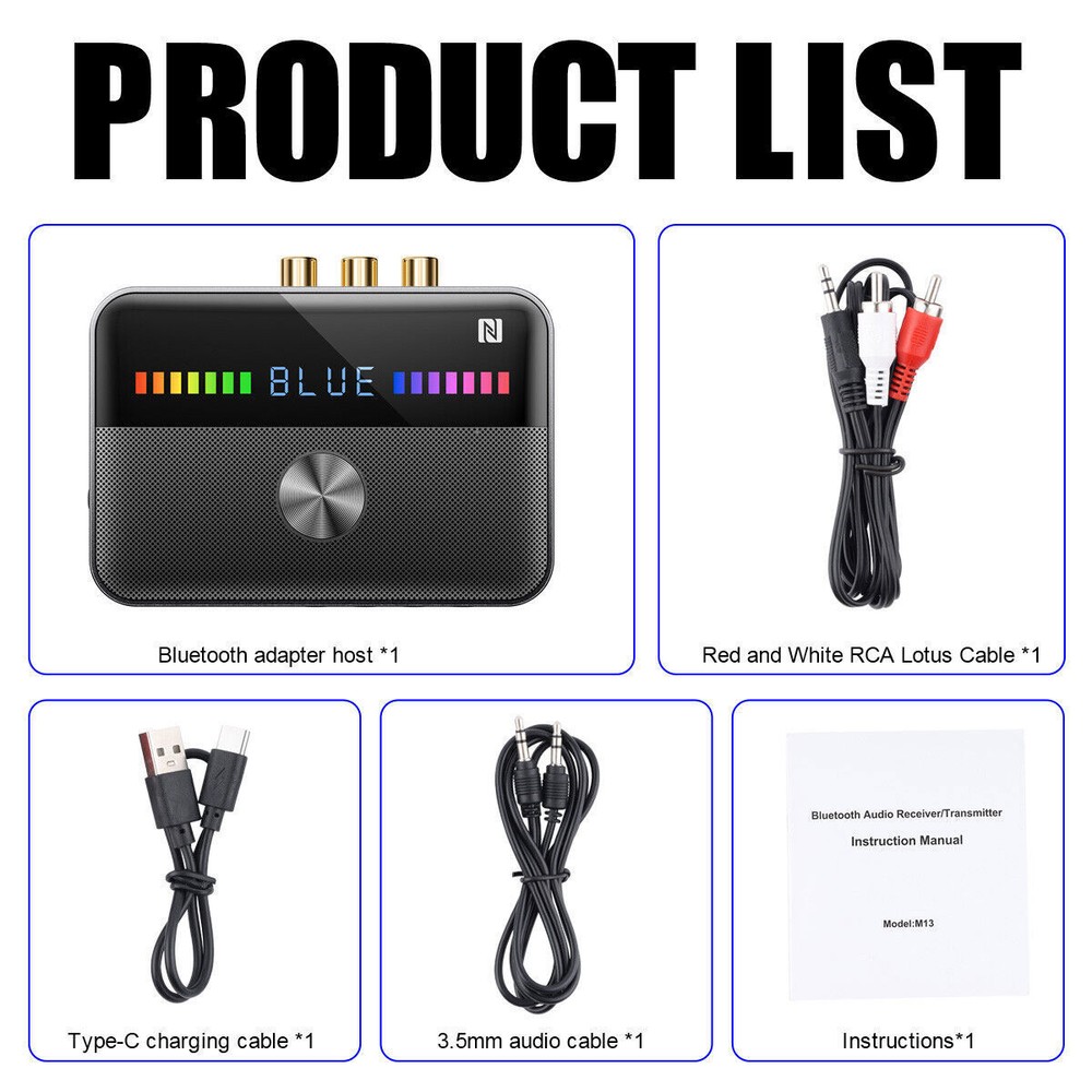 Bluetooth 5.3 Receiver Transmitter Wireless 3.5mm AUX NFC to 2 RCA Audio Adapter