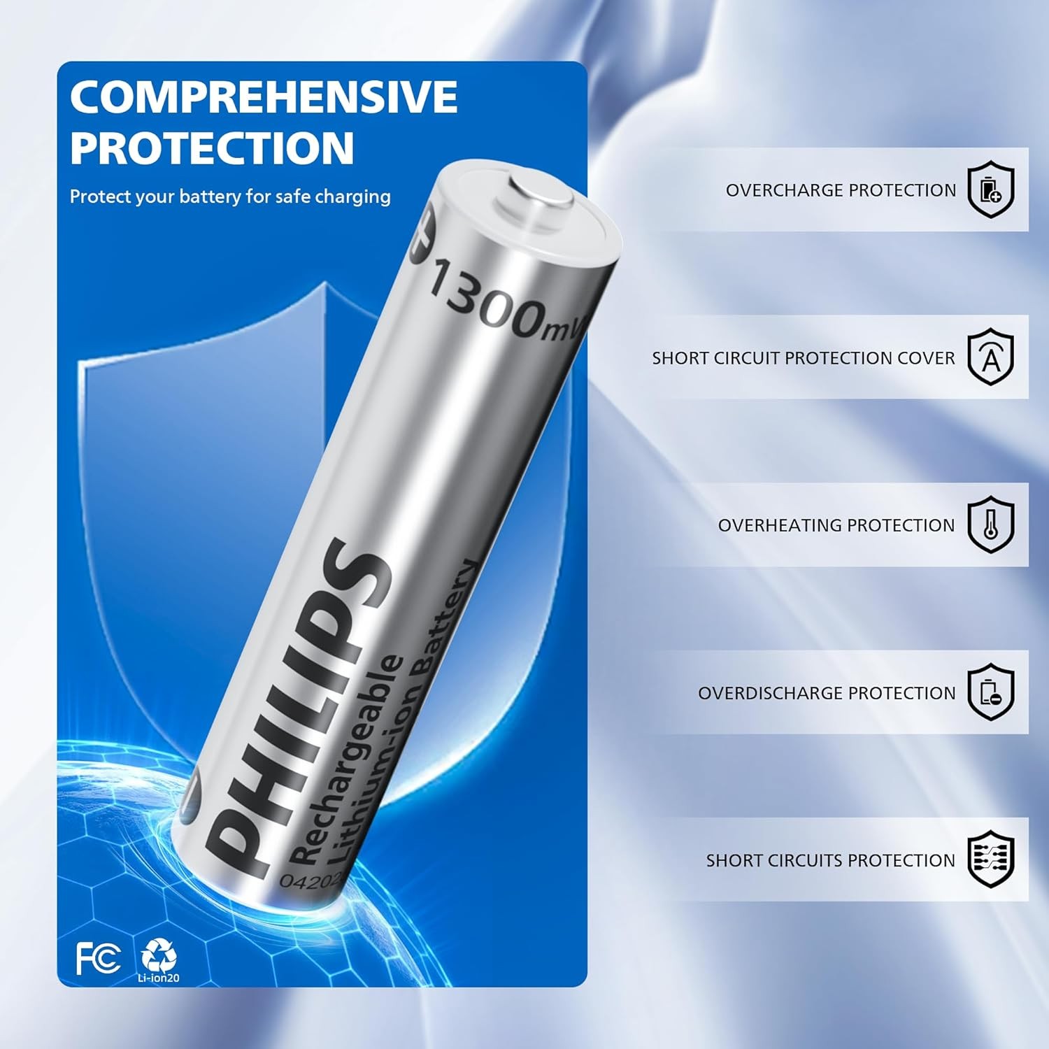 PHILIPS Rechargeable Lithium AAA Batteries with Fast Charger 8 Pack 1.5V 1300mWh