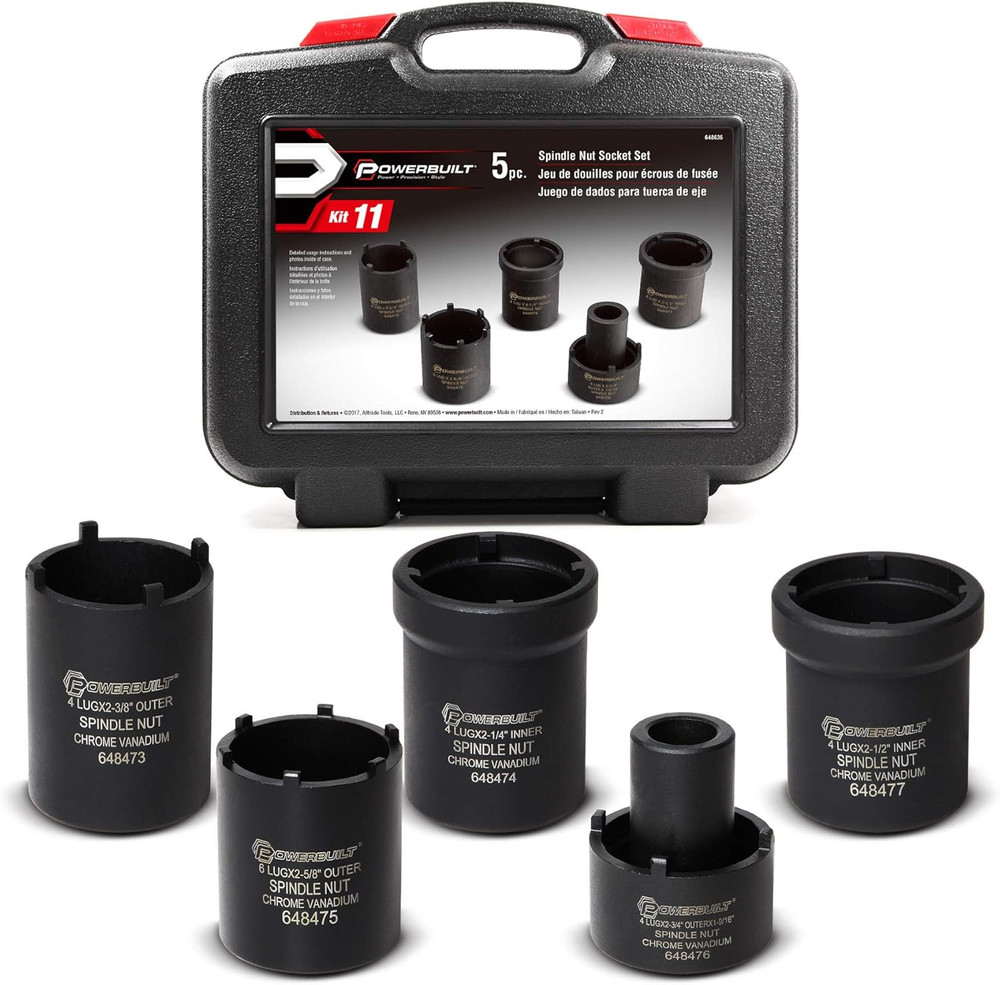 Spindle Nut Socket Tool Kit, 5 Piece, Remove Spindle Nuts, Various Size Lug Out