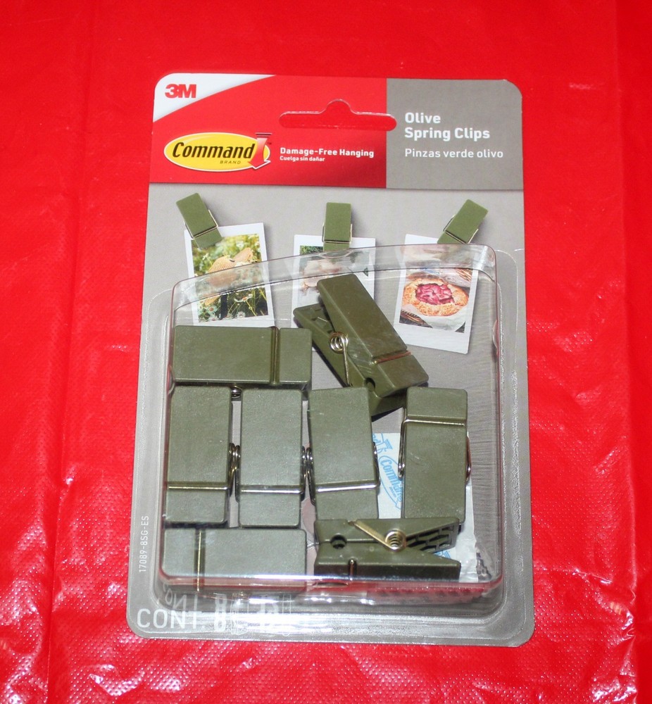 Command Spring Clips 8 Hooks and 12 Strips Olive *NEW* 3M