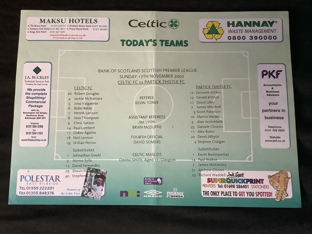 2002/3 Celtic v Partick Thistle November teamsheet