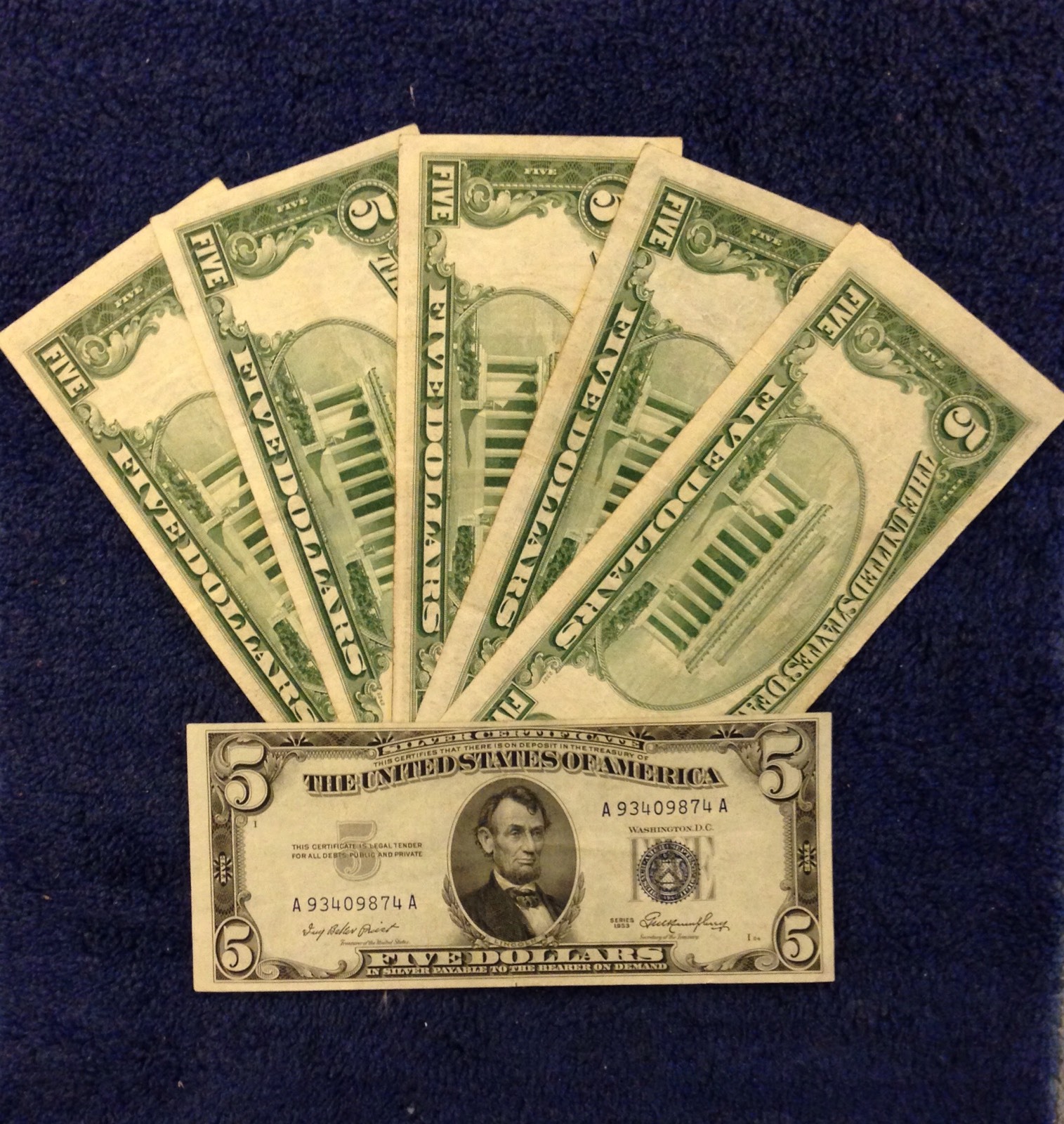 ✯$5 Silver Certificate Note✯ Blue Seal ✯Old Money Rare Bill Lot 1953✯FREE SHIP✯