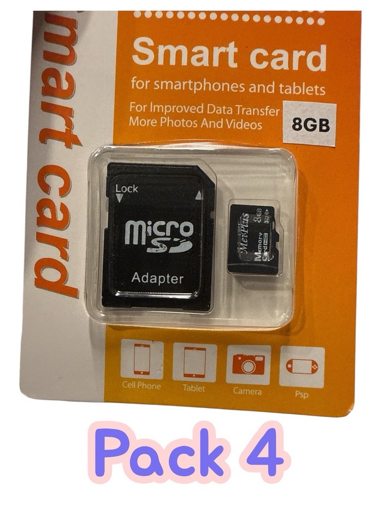 Speed Flash High Speed 8GB MicroSD Memory Card with Adapter. (Pack 4) MeiPlus