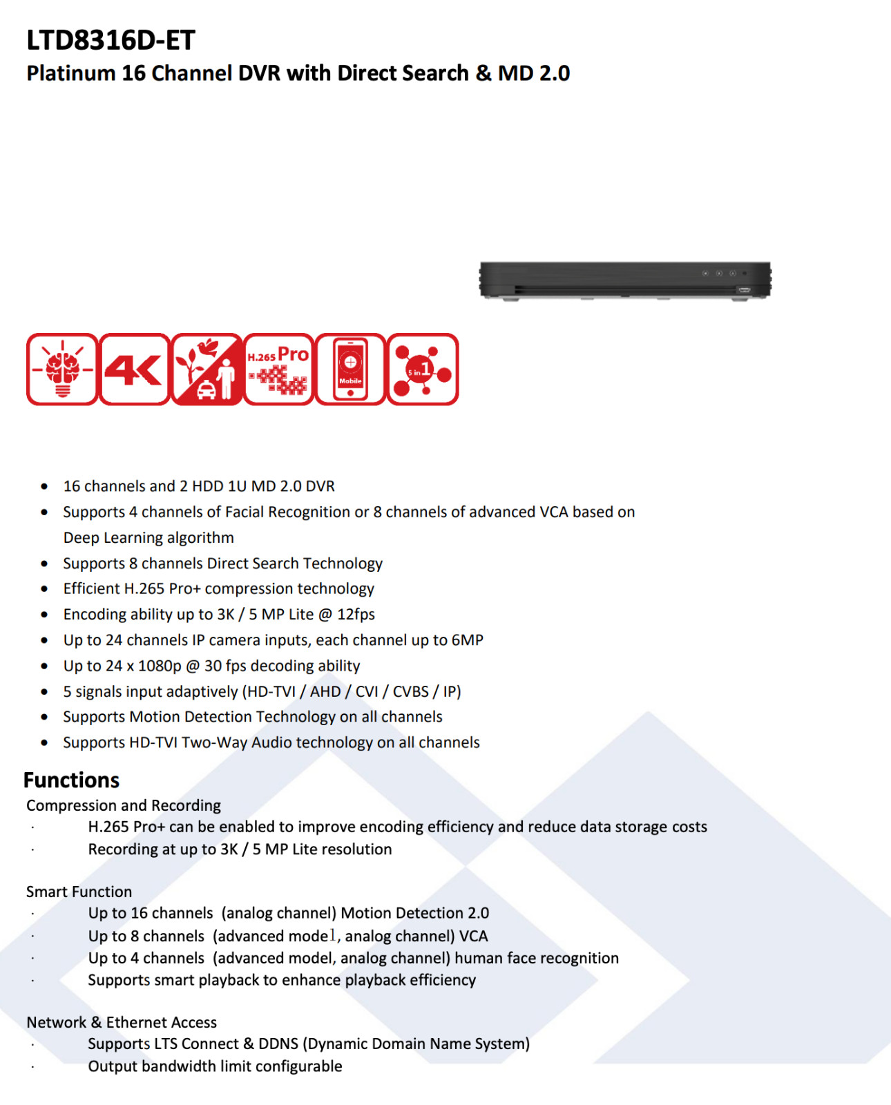 LTD8316D-ET 16CH 5MP TVI/AHD/CVI/CVBS & 8CH 4MP IP H.265 Pro+ Deep Learning DVR