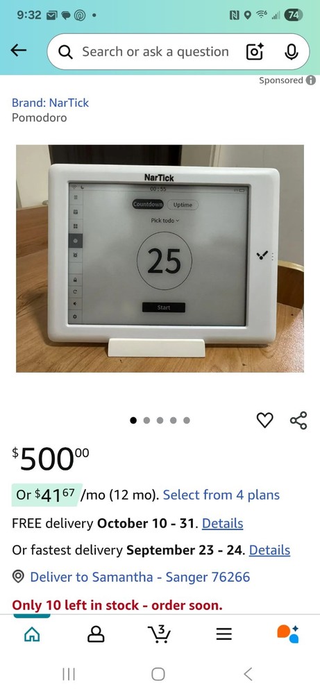 NarTick Pomodoro Timer Digital Countdown Visual Display