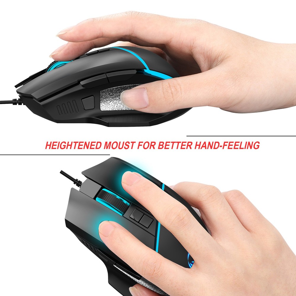 A876 wired gaming mouse with colorful synchronized lighting, 6400dpi adjustable