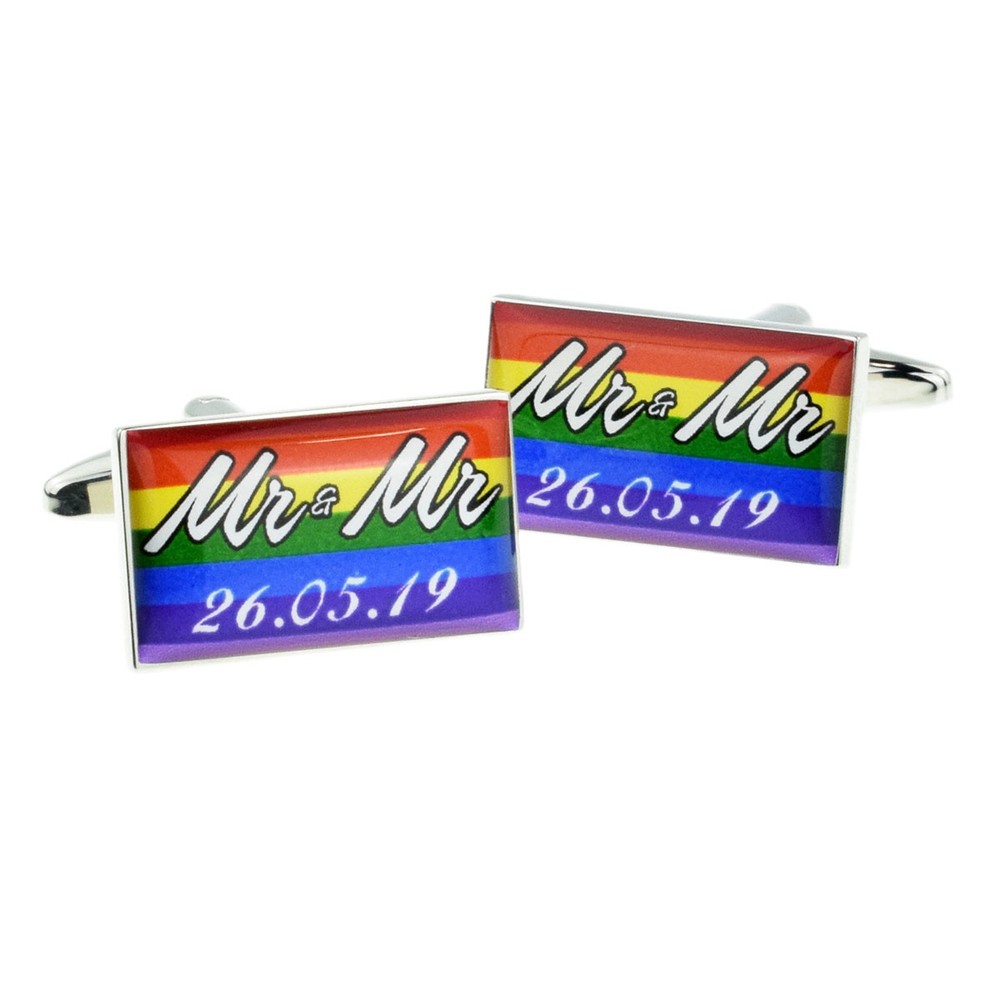 Personalised Mr & Mr Rainbow Cufflinks with Date Boxed - X2BOCR199