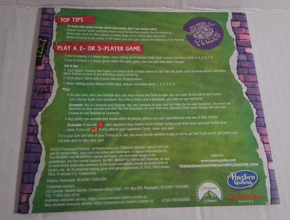 2023 Ninja Turtles Mutant Mayhem Monopoly - Replacement Instructions