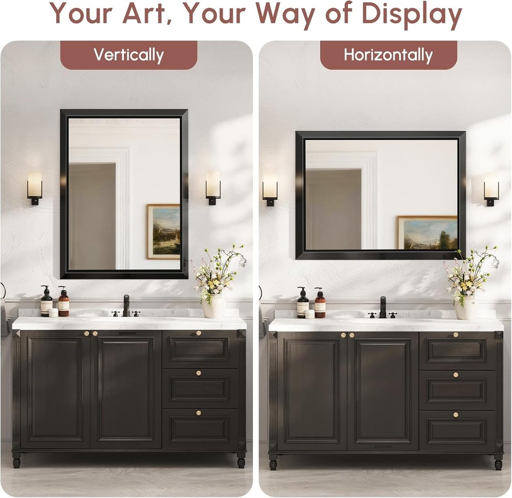 USHOWER 30x40" Rectangular Bathroom Mirror Black Aluminum Frame Beveled Mirror
