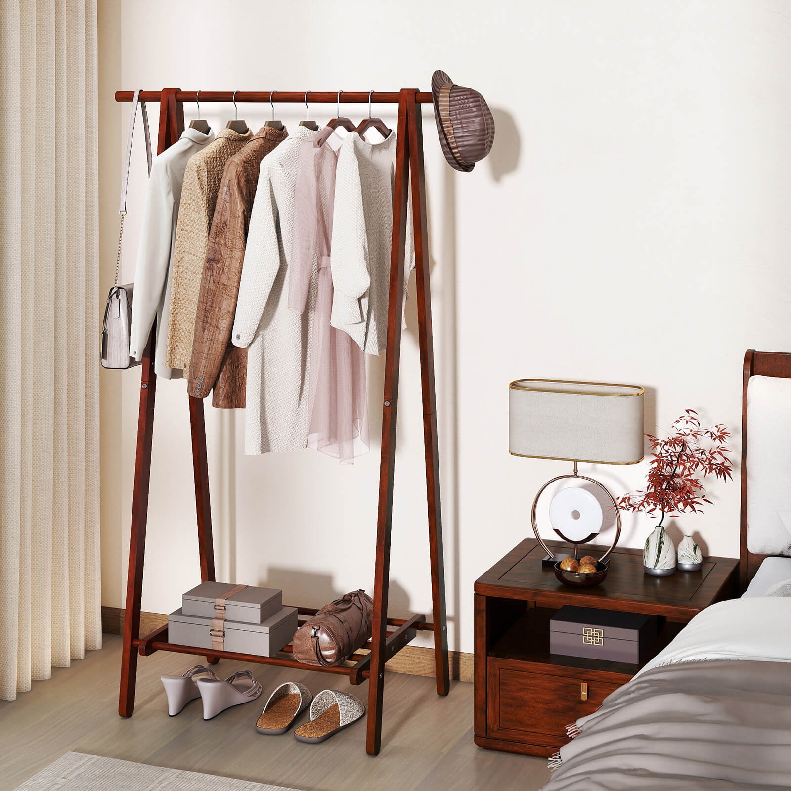 Folding Rubber Wood Clothes Hanging Rack w/Bottom Storage Shelf for Bedroom