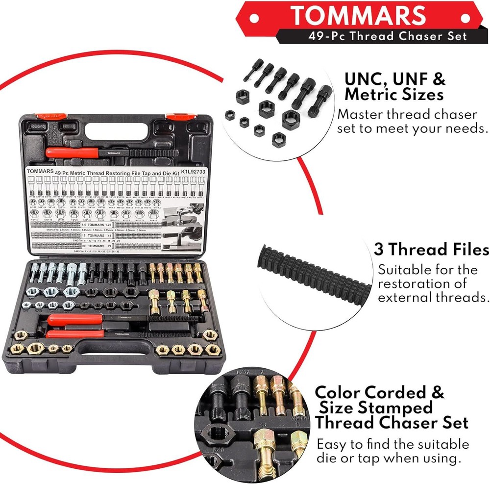 TOMMARS 49-Piece Thread Chaser Set, UNC UNF & Metric Set