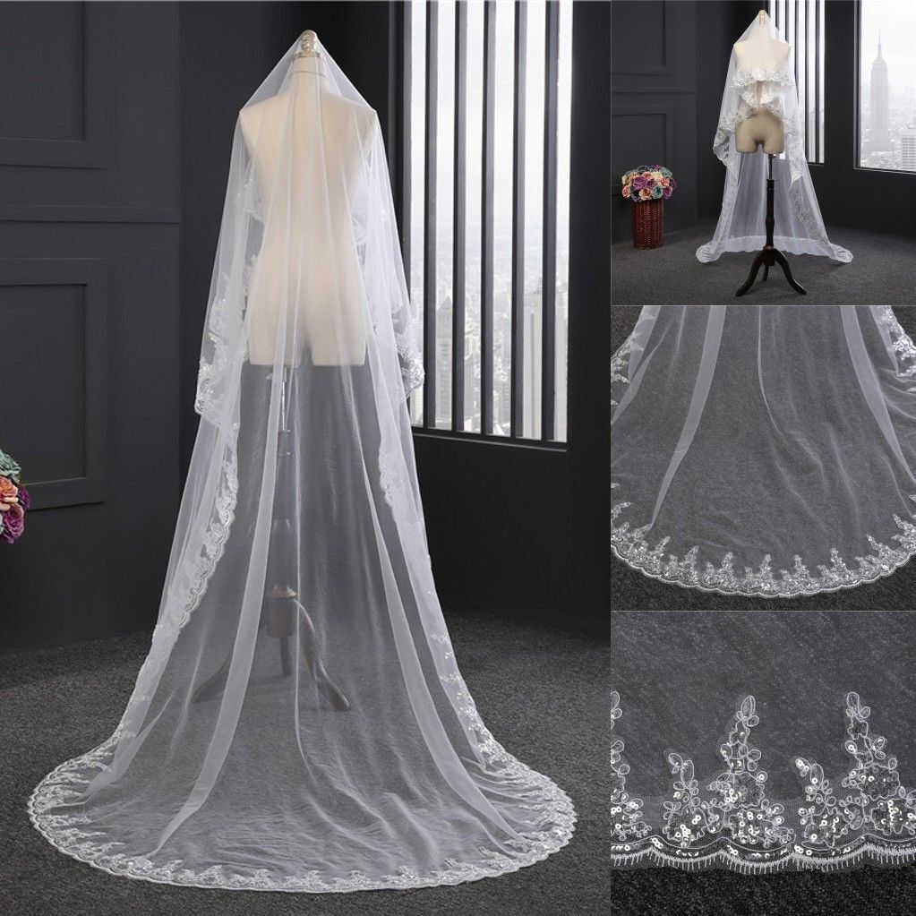 10Ft Long White Wedding Bridal Veils with Embroidery Lace Edge Bride Supplies US