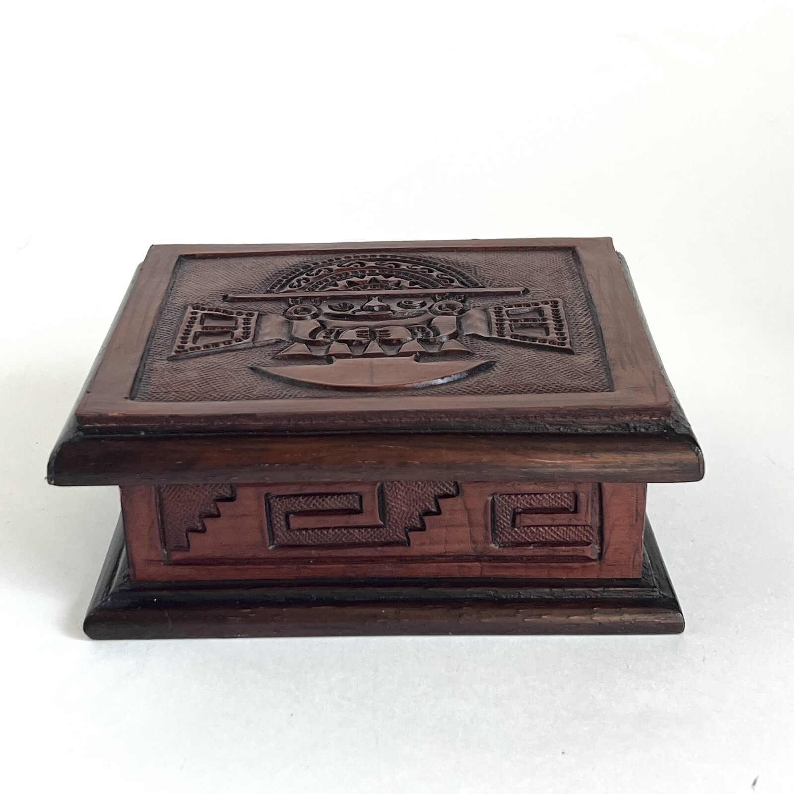 Engraved Wood Jewelry Trinket Box Peruvian Inca God of Creation With Mirror 5.5