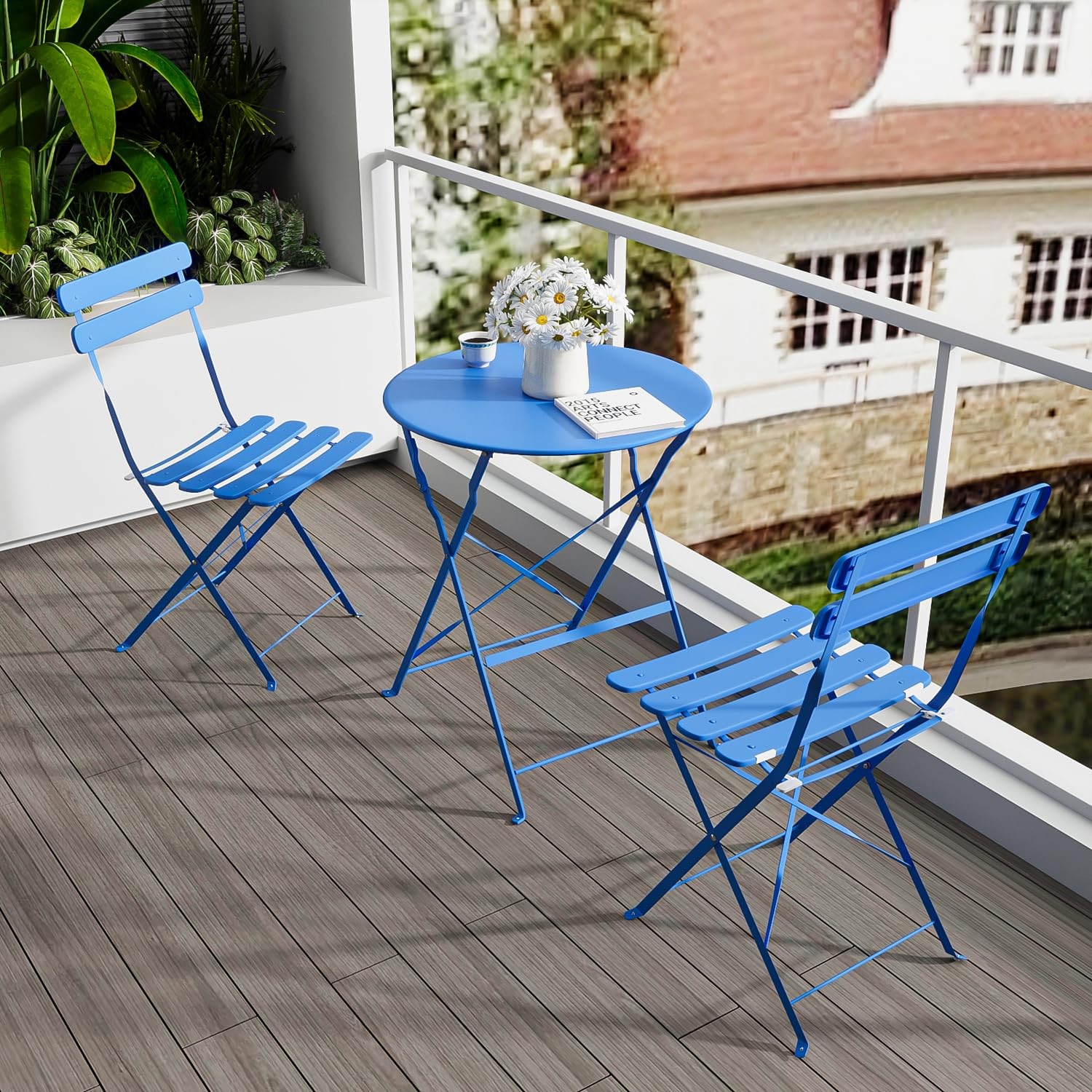 Folding Bistro Table and Chairs 3-Piece Outdoor Indoor Patio Furniture Set Blue