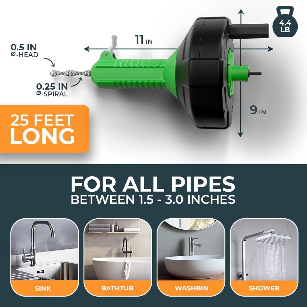 25 FT Auto Feed Drain Snake - Plumbing Snake for Sink & Drain Unblocking