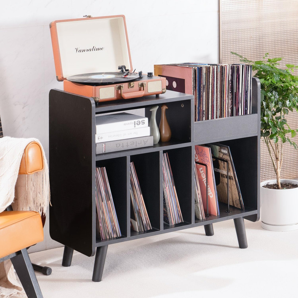 Record Player Stand, Large Record Player Table Cabinet with Open Vinyl Storage a