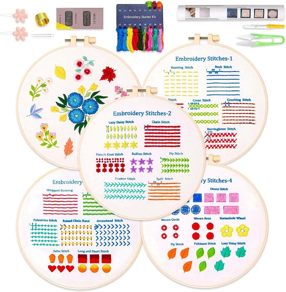 BREENHILL Embroidery Kit for Beginners, 5 Sets Small, 4 Pack Skill Practice