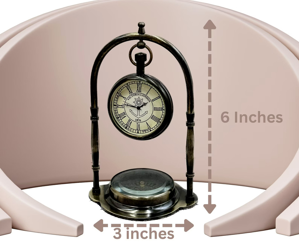 Antique Brass Table Clock, Engraved Personalized desk watch Compass gift Desktop