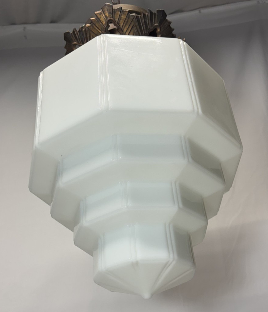 Skyscraper Light Fixture Ceiling Flush Brass Vtg Art Deco Glass Shade USA #L39