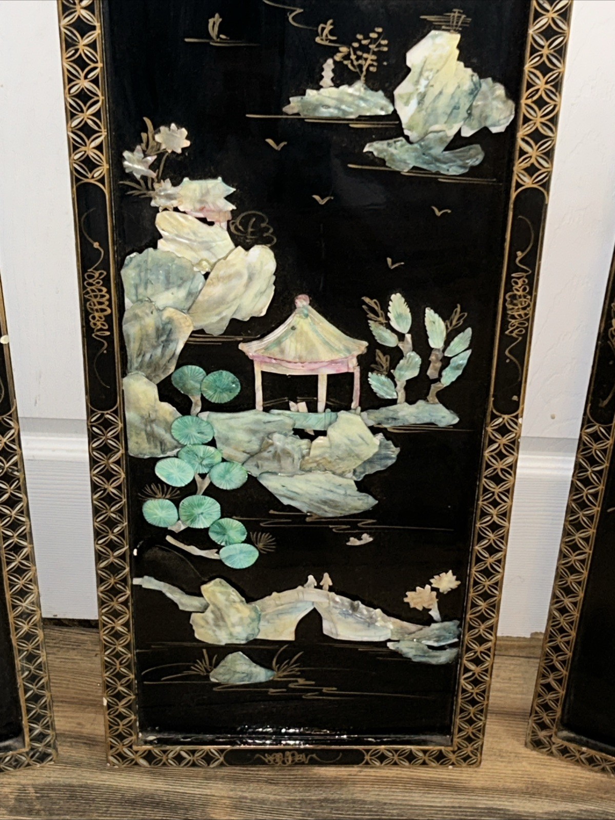 3 Vintage Laquered Asian With Mother of Pearl Panels 12”x 36”