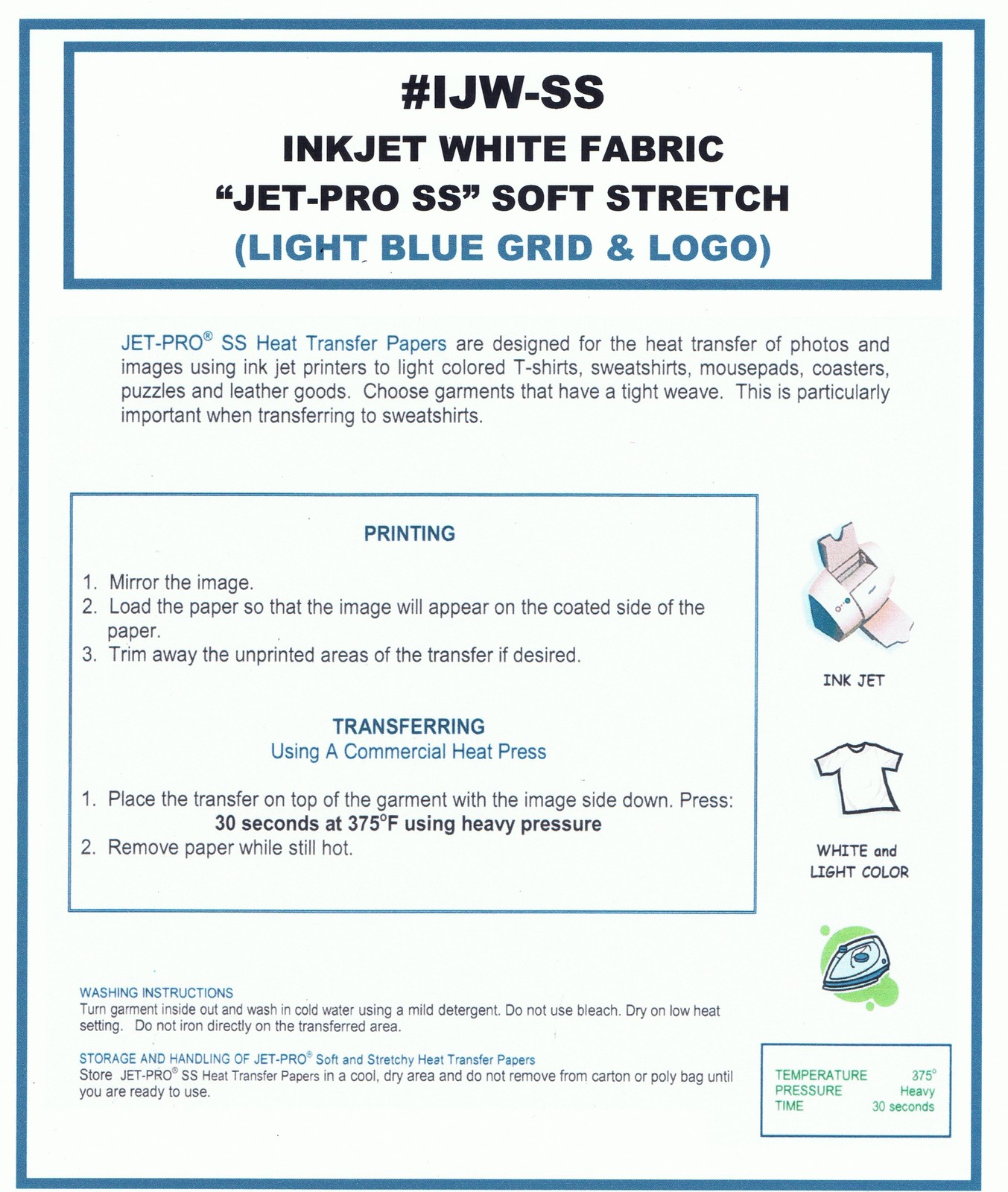 INKJET TRANSFER FOR WHITE FABRIC: IRON-ON "JET PRO SOFT STRETCH" (8.5"X11")100CT