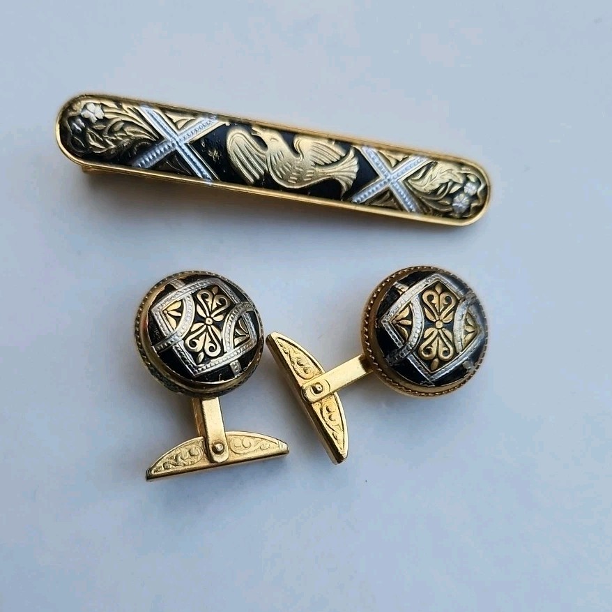 Vintage Damascene Cufflinks Tie Bar Eagle Set