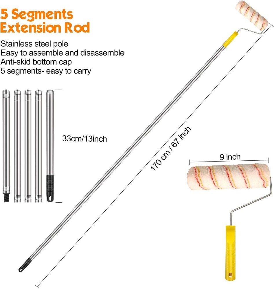 13pcs Paint Roller Set,Paint Rollers & Tray Set with Extension Pole,Includes a P