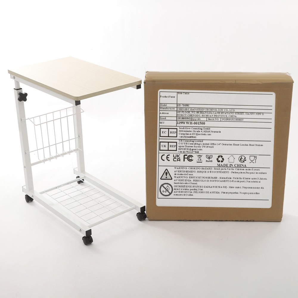 2 Tiers Adjustable Bed Side Table Thickened Mobile Standalone Table w/ Wheels