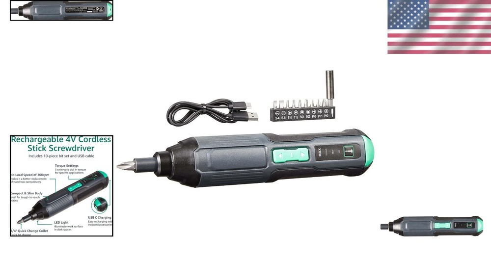 Portable 4V Cordless Stick Screwdriver - Includes 10 Bits, Ideal for DIY Tasks