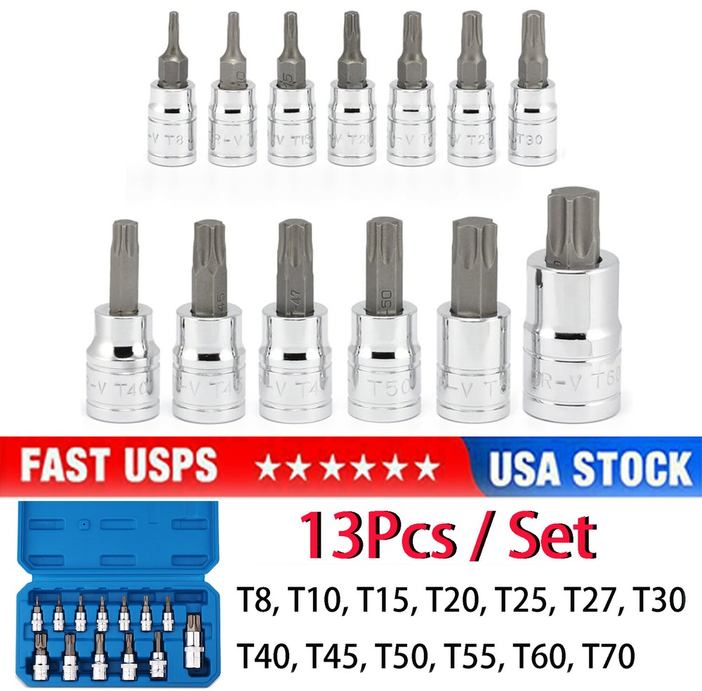 13Pc Master Torx Socket Set Tamper Proof Security Bits Plus External Star w/Case