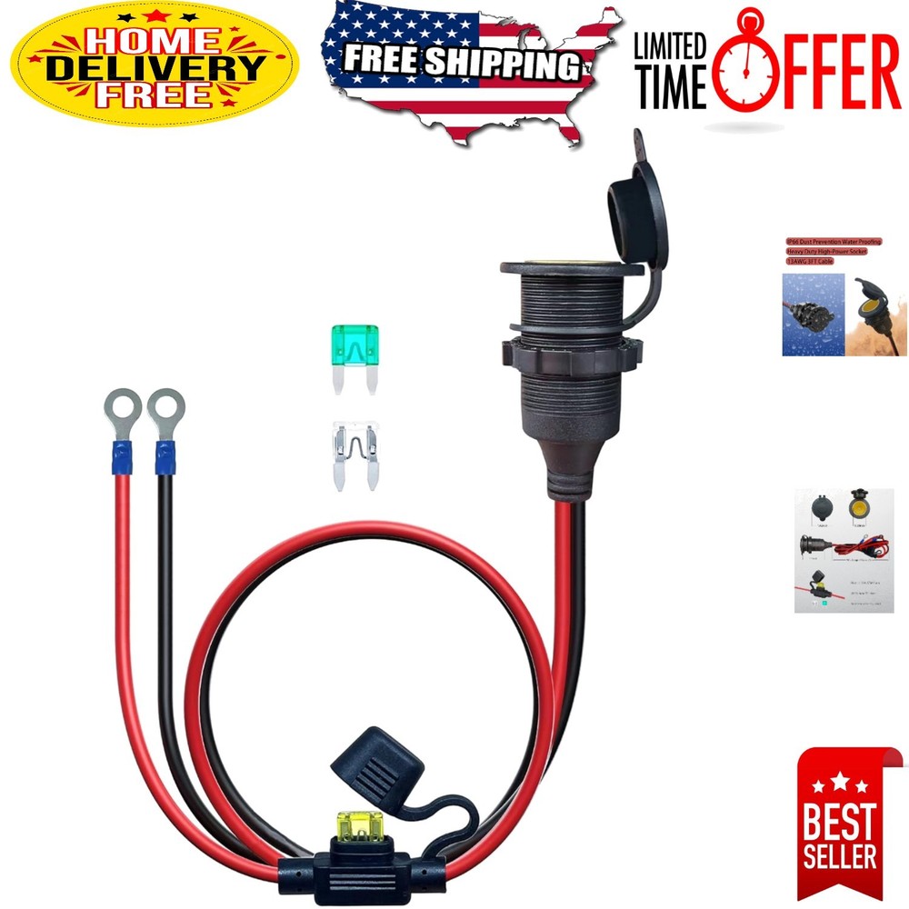 Durable 3FT Fixed Thread 12V Socket Extension with Built-in Safety Fuse