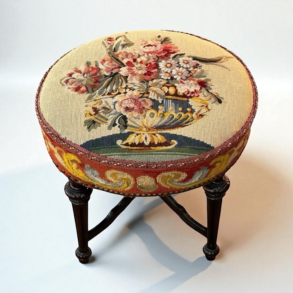 Antique Stool with Needlepoint Floral